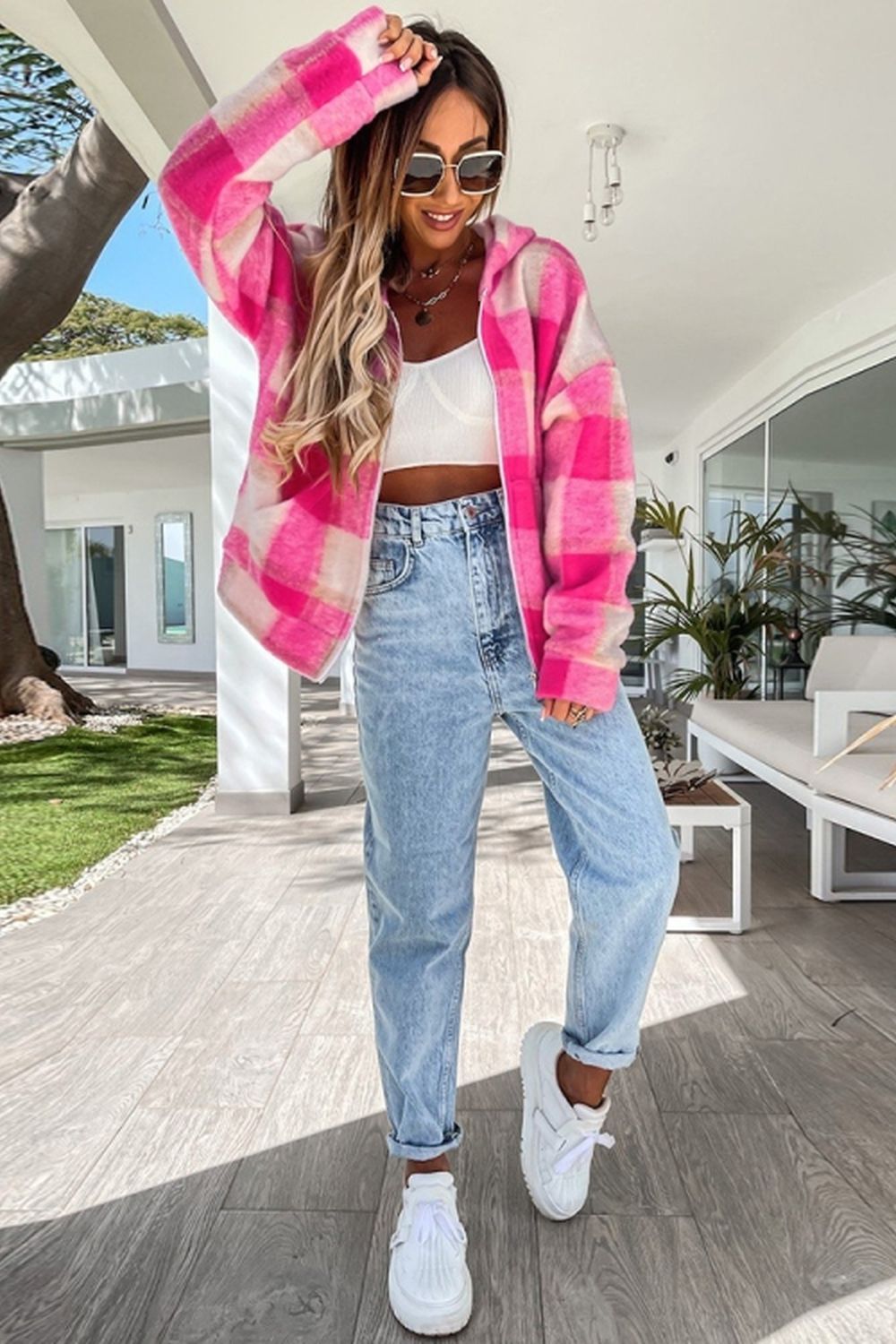 Plaid Hooded Zipper Coat