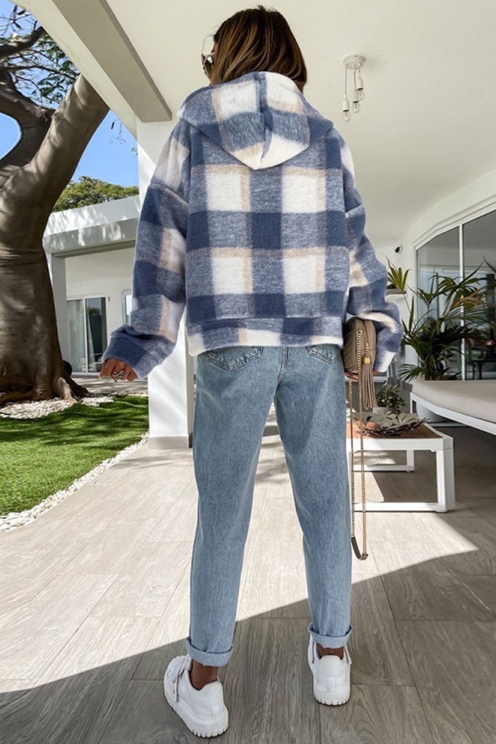 Plaid Hooded Zipper Coat