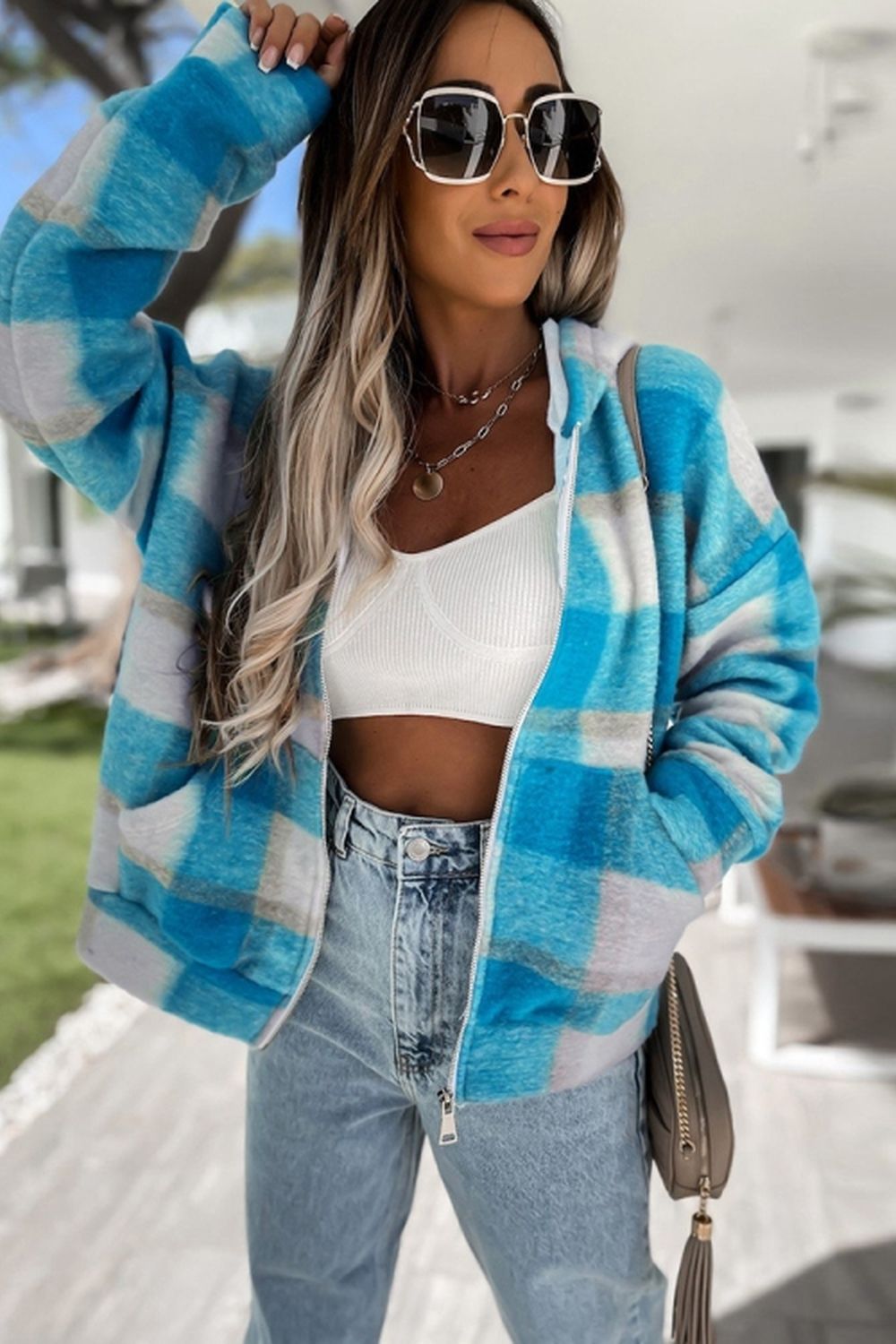 Plaid Hooded Zipper Coat