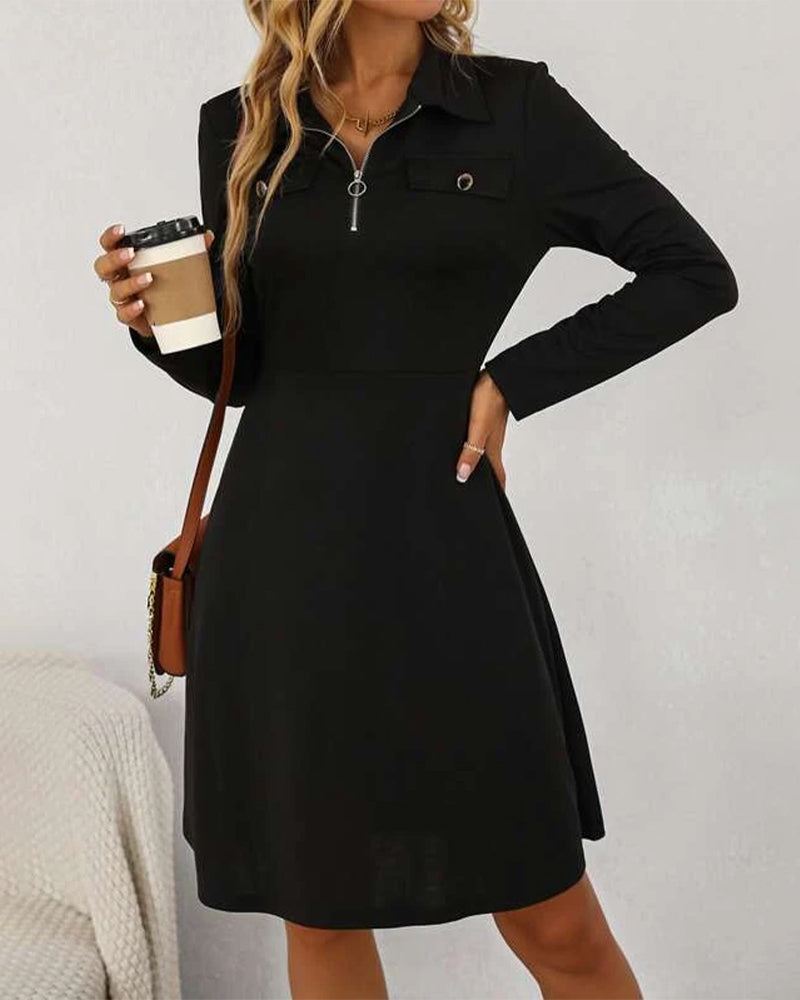 Collared Long Sleeve Quarter-Zip Fit & Flare Dress