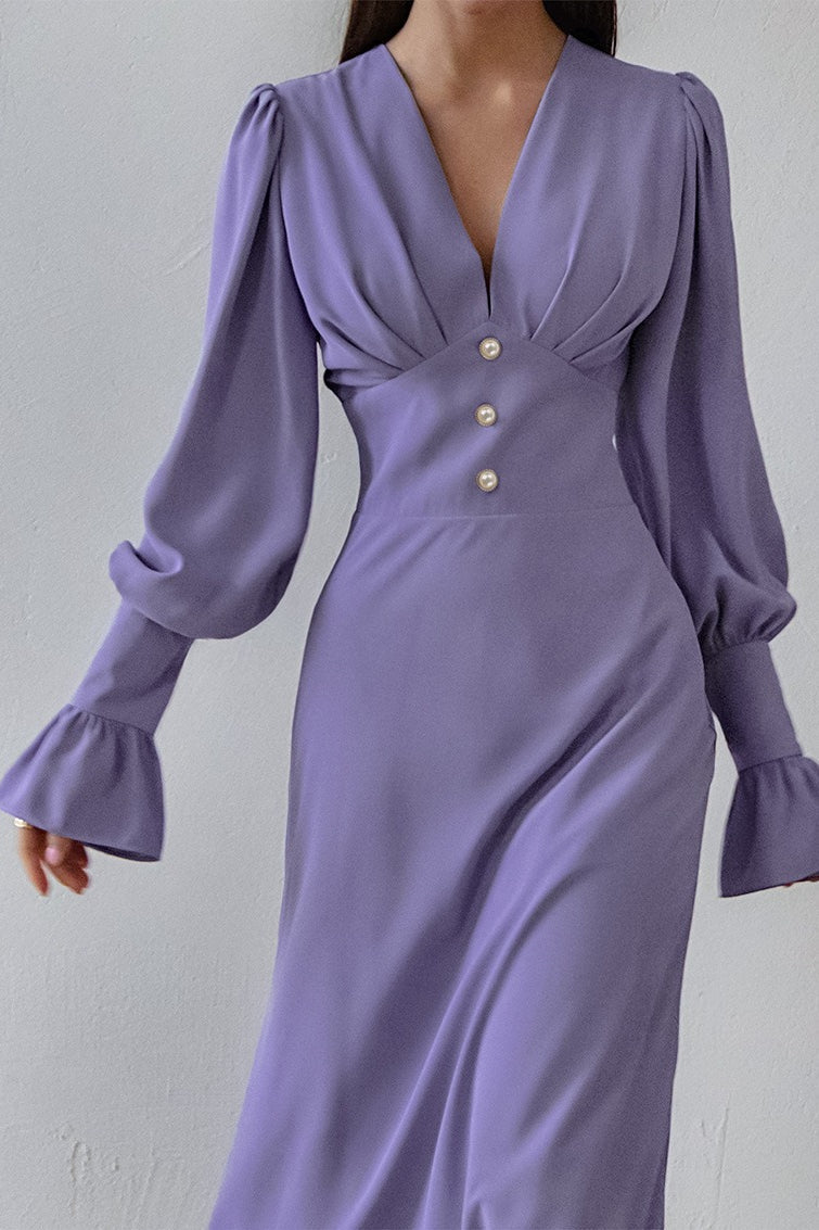 Vintage Lantern Sleeve V-Neck Bodycon Maxi Dress