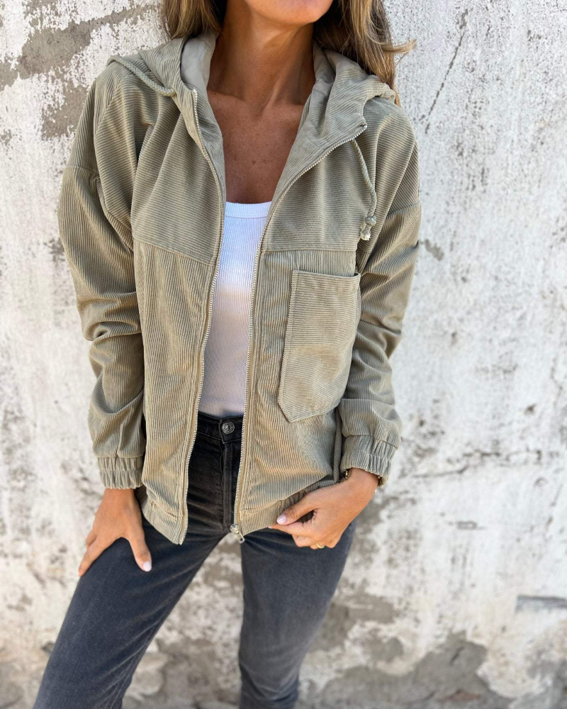 Drawstring Hooded Zip Front Corduroy Jacket 3