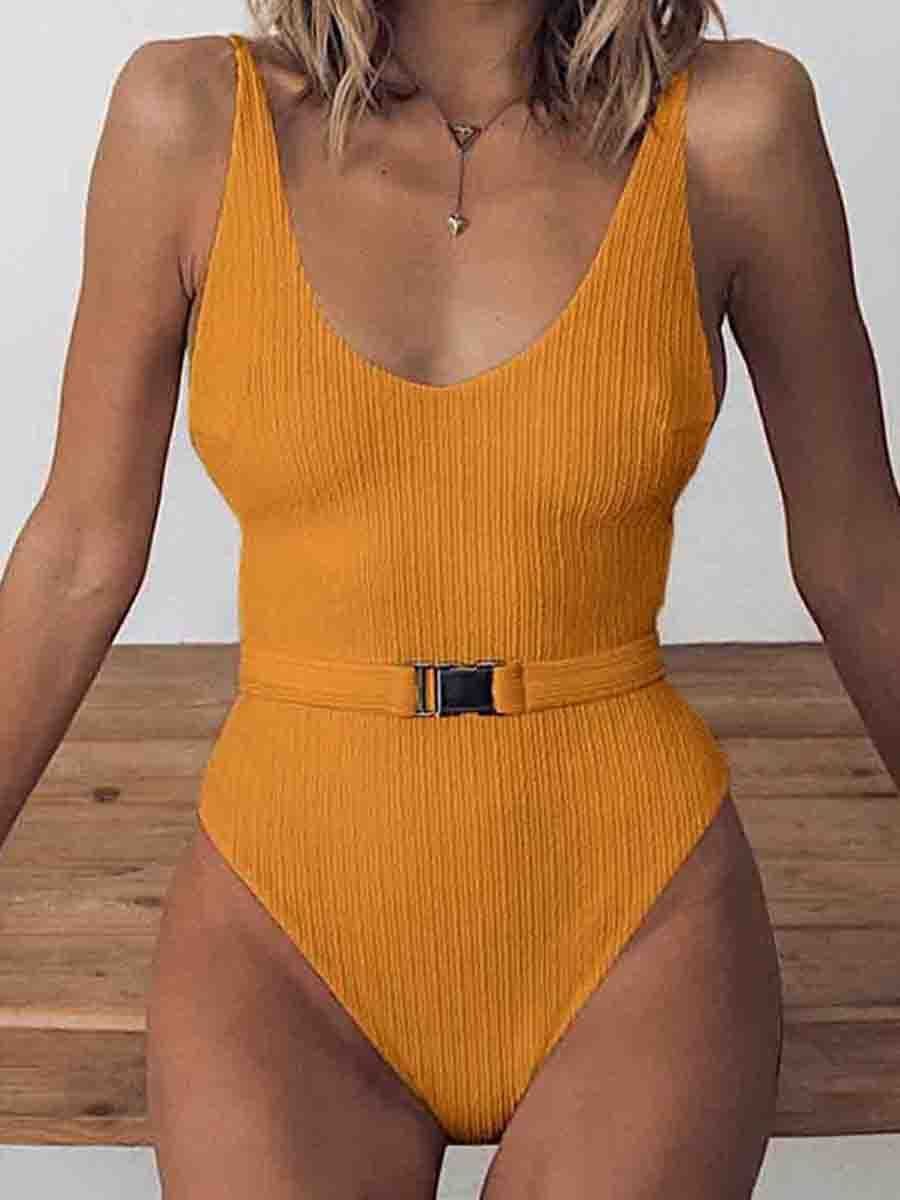 Belt Design Solid One-piece Swimsuit - Fashionpara