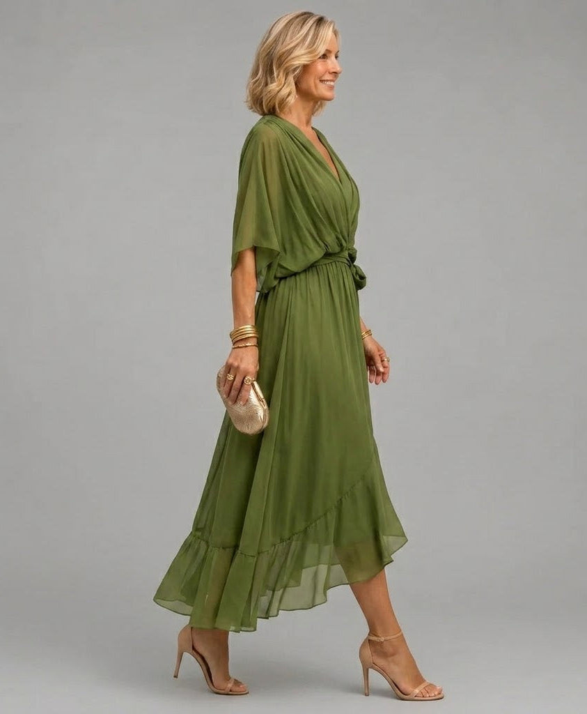 Deep V-Neck Flutter Sleeve Wrap Tie Ruffle Hem Chiffon Midi Dress 2