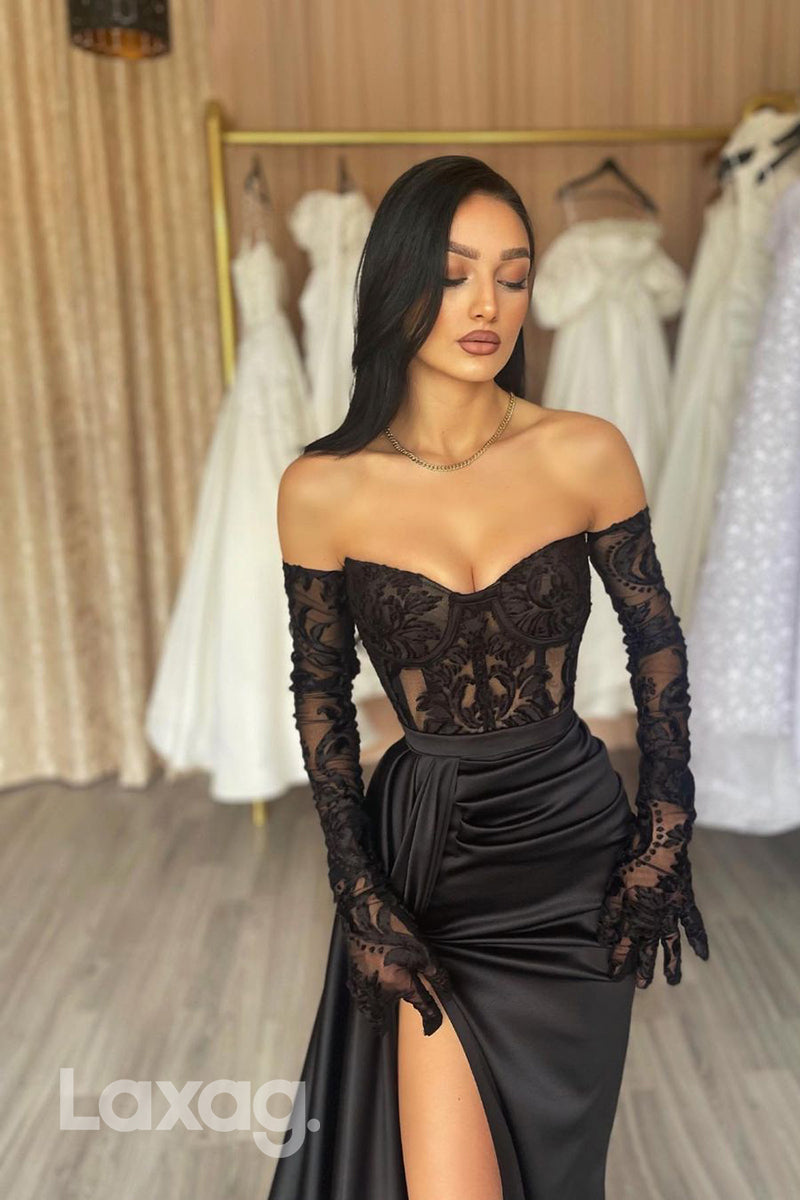 Black Sweetheart Sheer Lace Prom Evening Dress With Split - Fashionpara