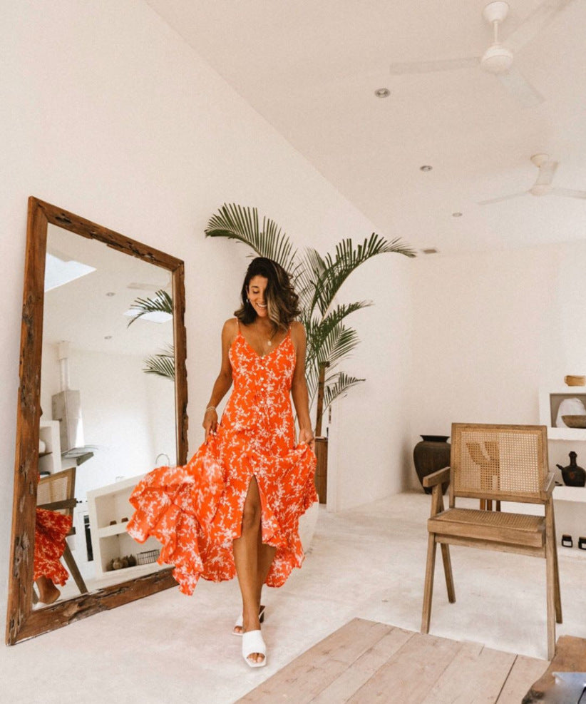 Floral Print Strappy Wrap Ruffle Maxi Dress