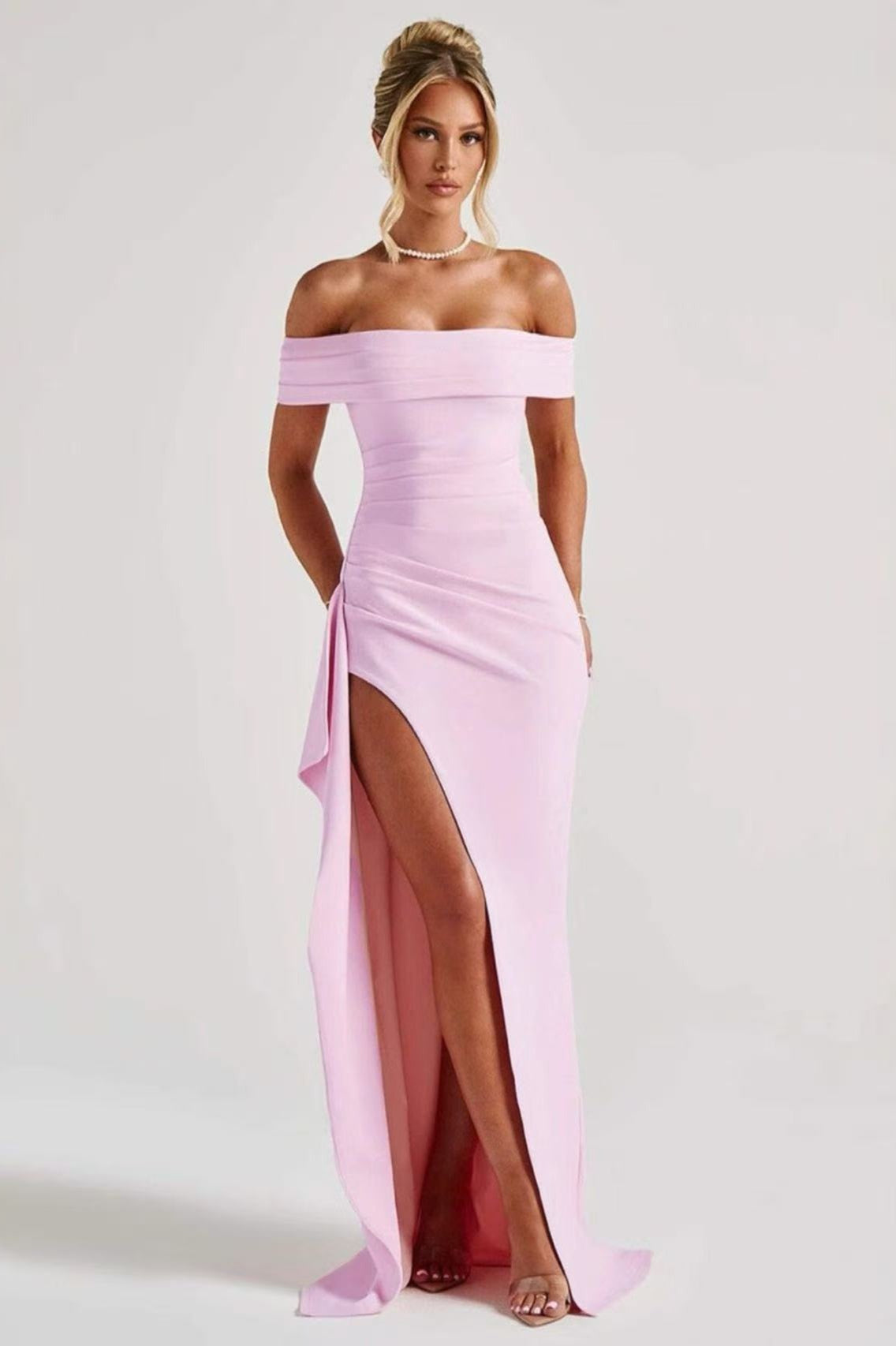 Off Shoulder Ruched High Split Mermaid Maxi Dress in Pink - View 2