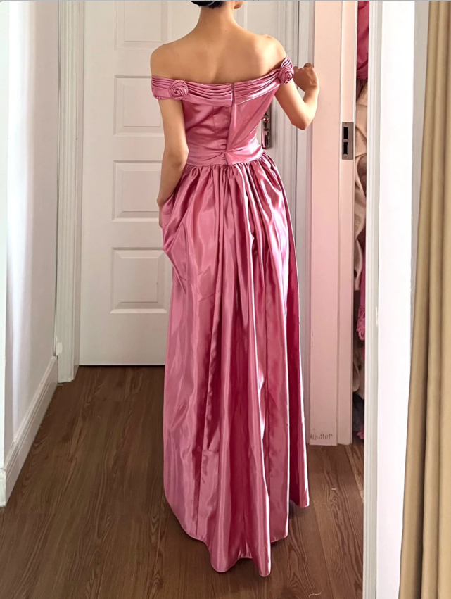 Retro Sweet Pink A-line 3D Floral Off-Shoulder Satin Long Prom Dress Evening Dress P4159