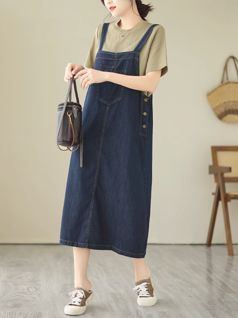 Denim Square-Neck Button-Side A-Line Pinafore Midi Dress 4