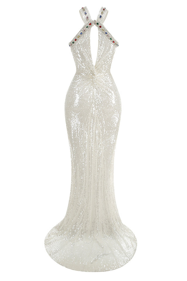 Sequin Halter Neck Jewel Keyhole Cut Out Mermaid Gown - View 8