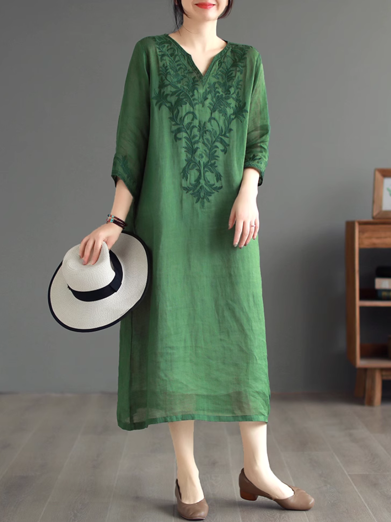 Embroidered Linen Notch-Neck Long-Sleeve Shift Midi Dress 3