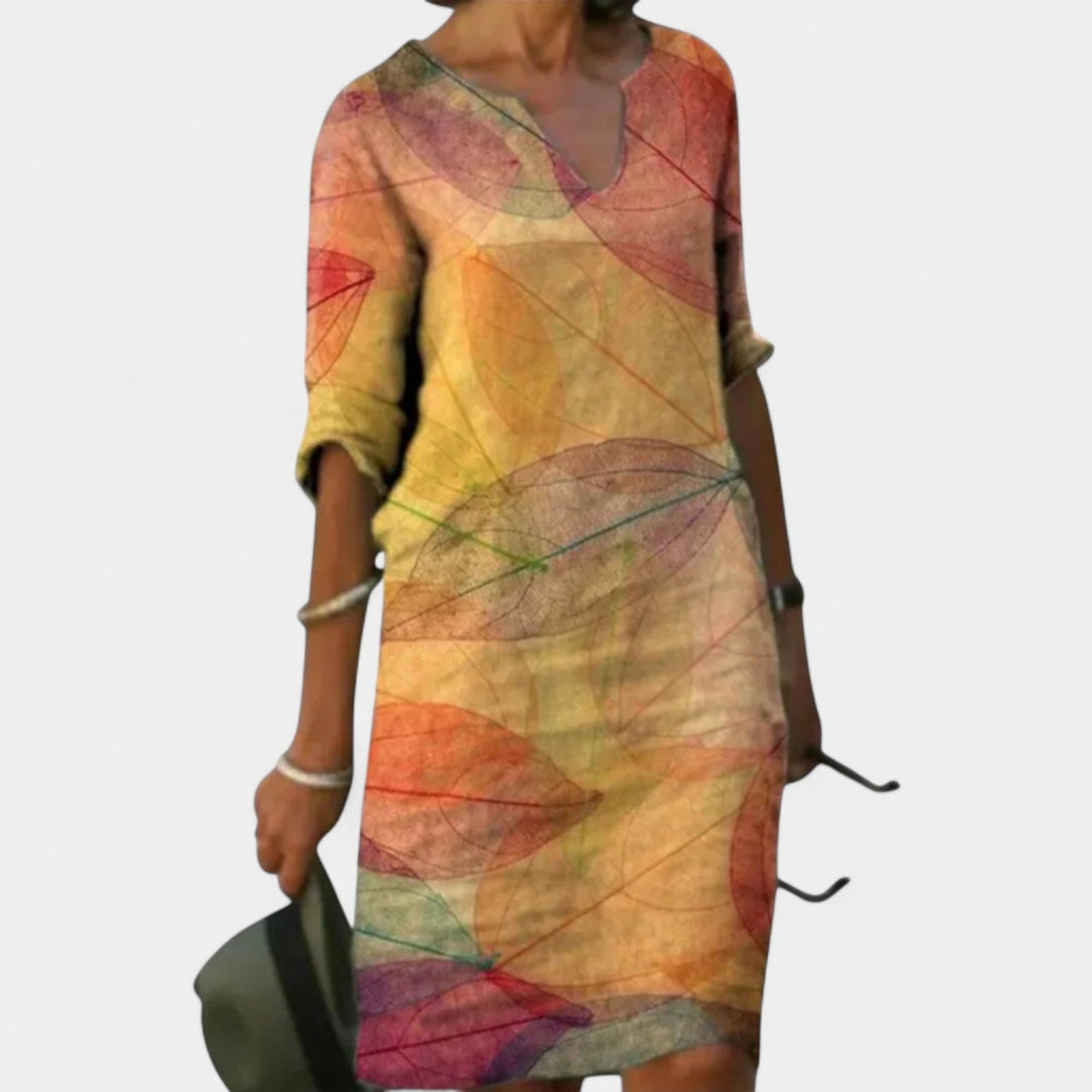 Leaf Print V-Neck Half Sleeve Shift Midi Dress