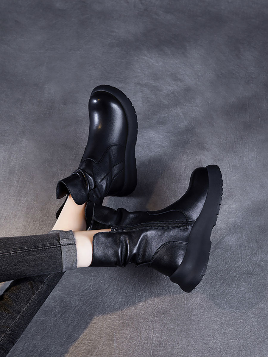 Winter Genuine Leather Spliced Low Heel Boots