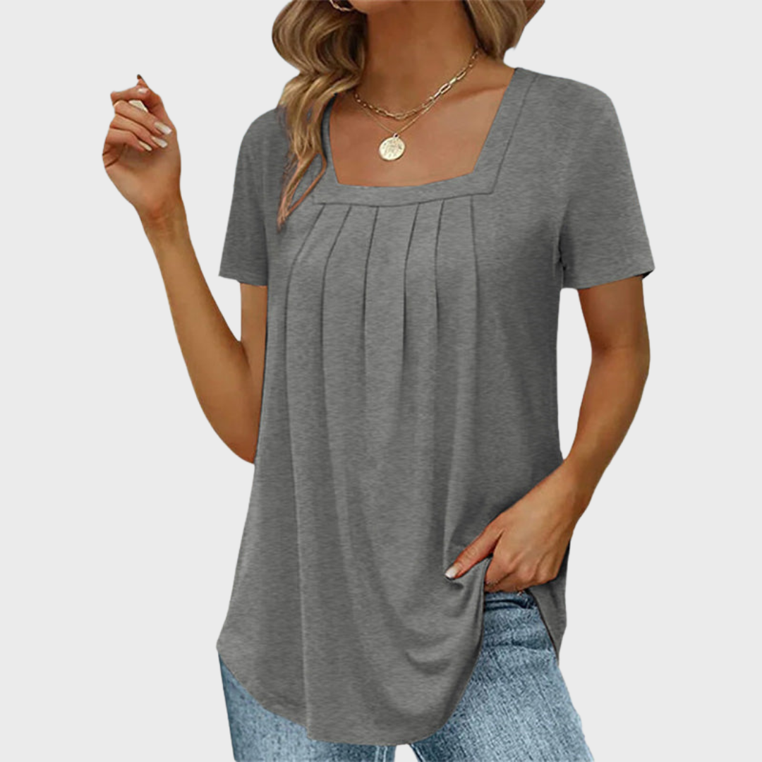 Square Neck Short Sleeve Pleated Front Tunic Top 5