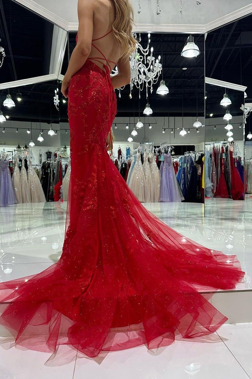 Hot Mermaid Spaghetti Straps Red Long Prom Dress with Criss Cross Back