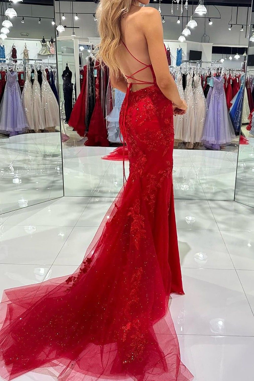 Hot Mermaid Spaghetti Straps Red Long Prom Dress with Criss Cross Back