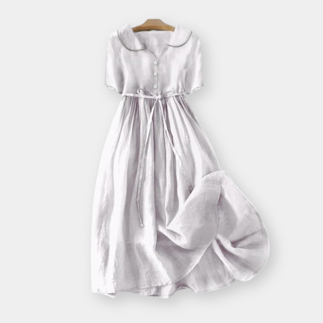 Peter Pan Collar Short Sleeve Tie Waist Linen Midi Dress 2