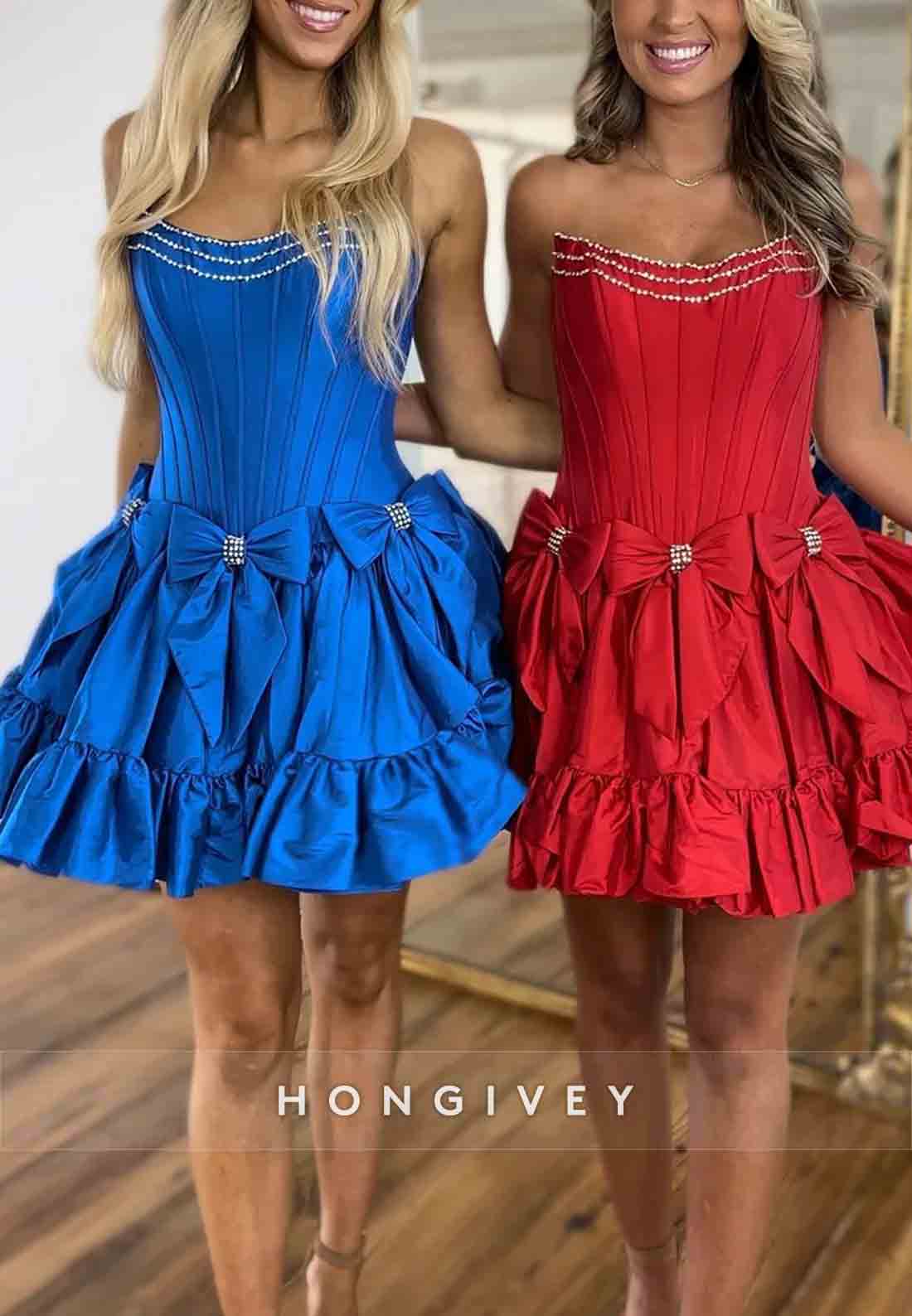 Bowknot Ruched Strapless Satin Pleated Ball Gown Short Homecoming Dresses