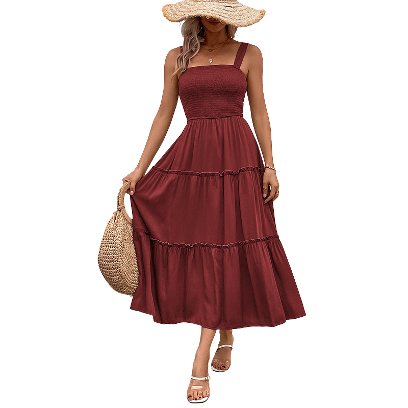 Square Neck Smocked Sleeveless Tiered Midi Dress 15