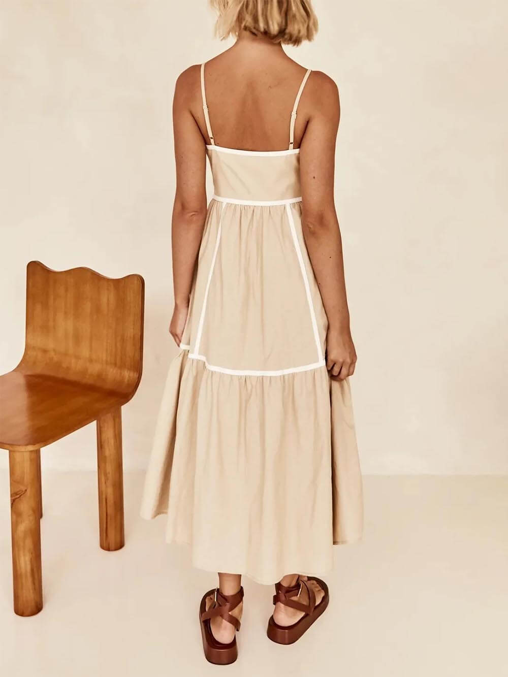 Contrast Color Trim Adjustable Straps Midi Dress - Fashionpara