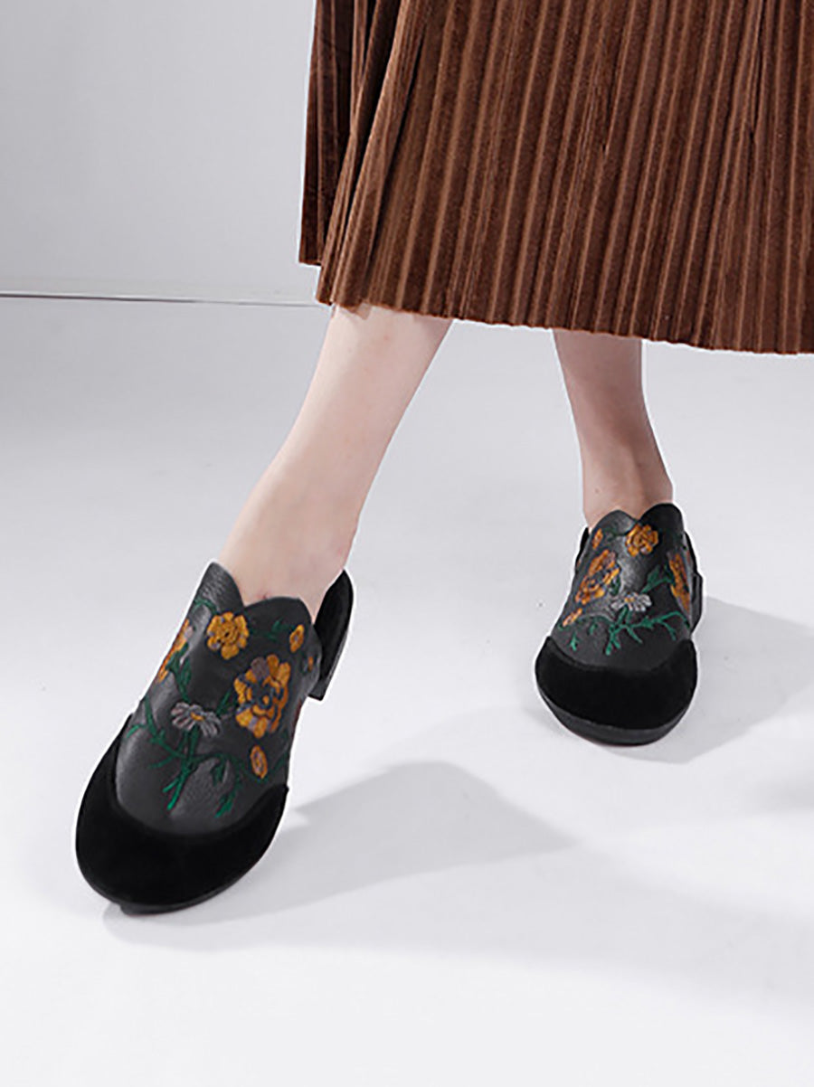 Ethnic Autumn Embroidery Leather Low Heel Shoes
