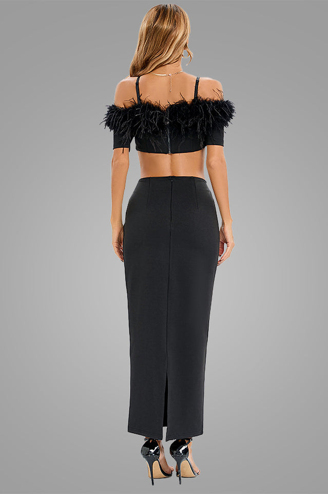 Cutout Feather Trim Spaghetti Strap Dress - Fashionpara