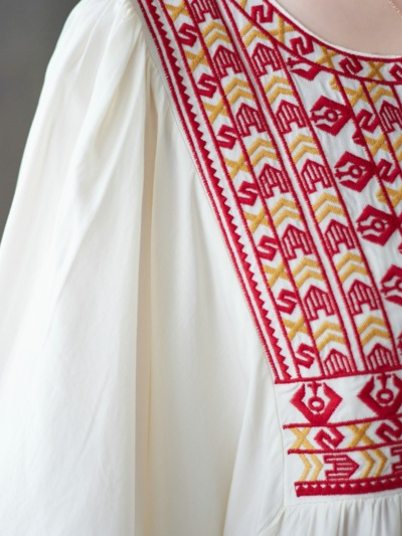 Embroidered Yoke Split-Neck Flared Sleeve Pleated Maxi Dress 9