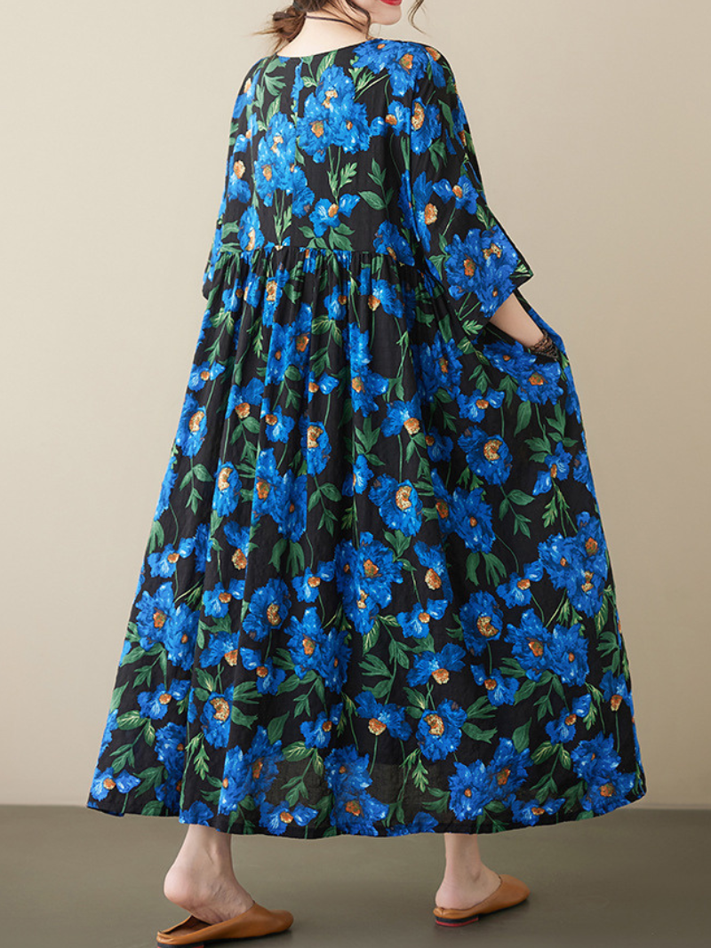 Ditsy Floral Round Neck Long Sleeve Tiered Smock Midi Dress 3