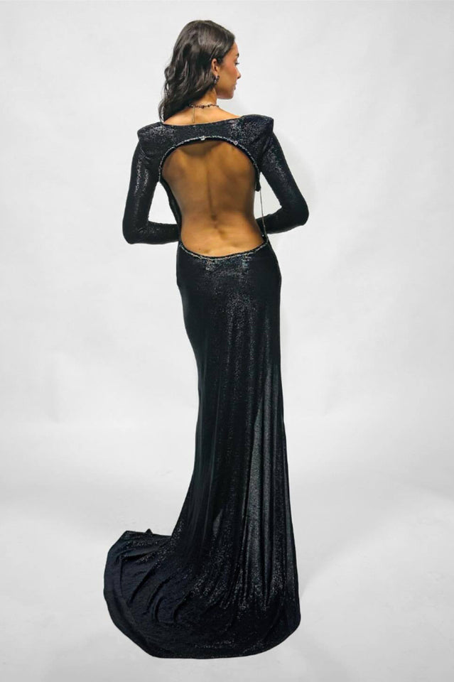 Sequin Long Sleeve Open Back High Slit Maxi Gown