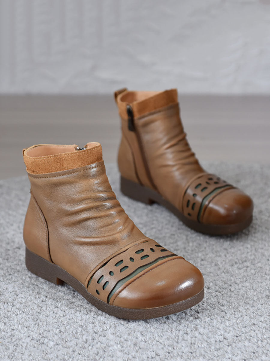 Vintage Leather Spliced Low Heel Ankle Boots