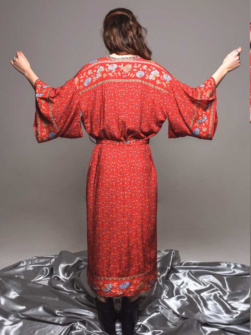 Beachwear Floral Print Red Color Cotton Long Length Gown Kimono Duster Robe 4
