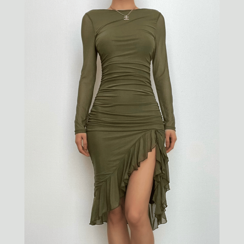 Mesh Ruched Long Sleeve Backless Ruffle Midi Dress