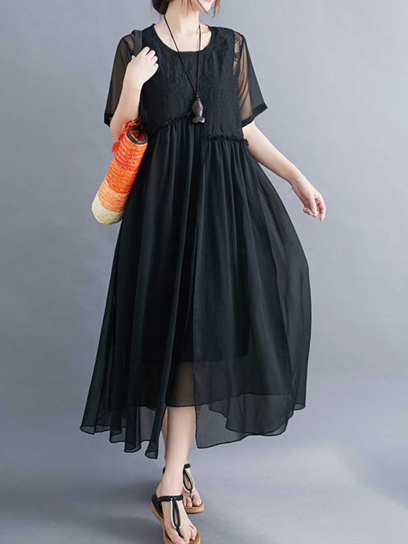 Lace Bodice Sheer Overlay Empire Waist Handkerchief Hem Midi Dress