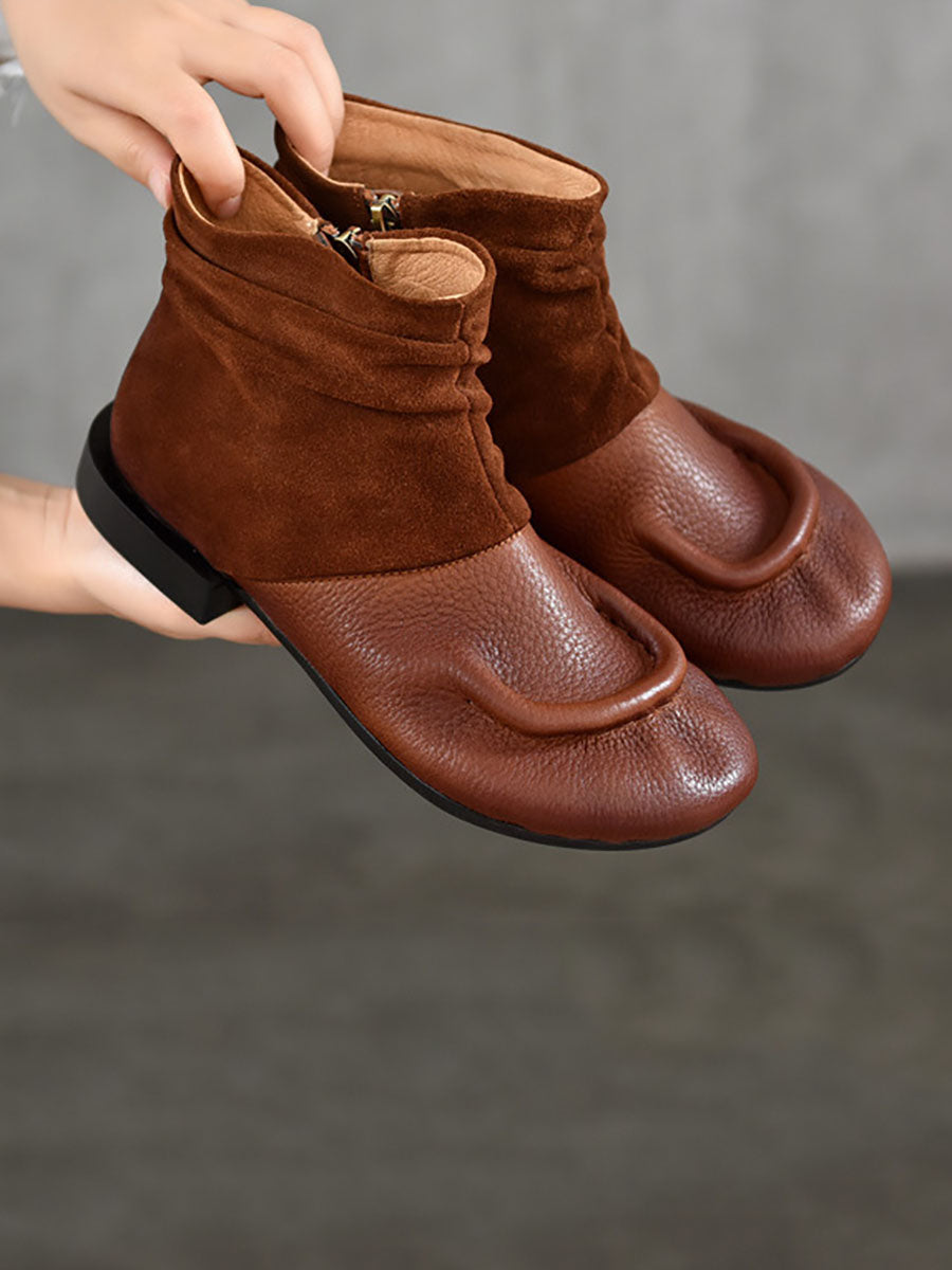 Vintage Suded Leather Spliced Low Heel Boots