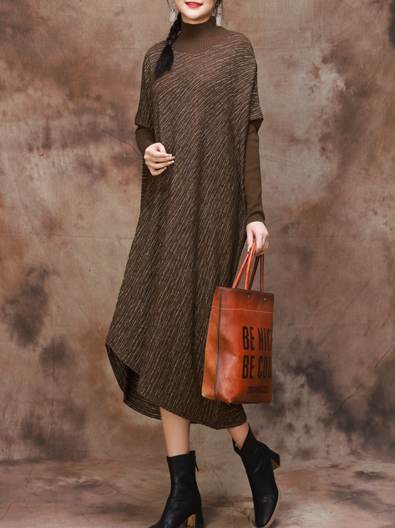 Plus Size Knitted Loose Bat Sleeve Stripe Midi Dress for Women - Fashionpara