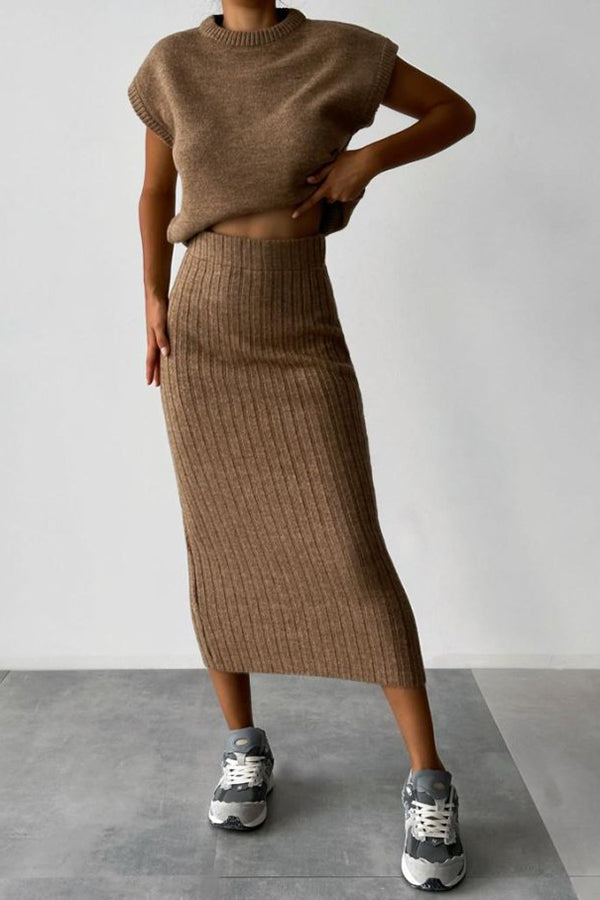 Triko Knit Short Sleeve Sweater with Ribbed Midi Skirt Set