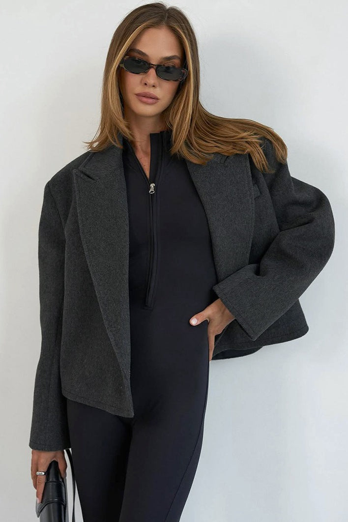 Charcoal Belted Wool Blend Blazer