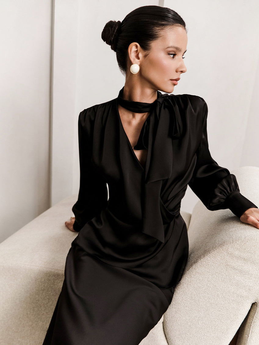 V-Neck Tie Slim Fit Blouse