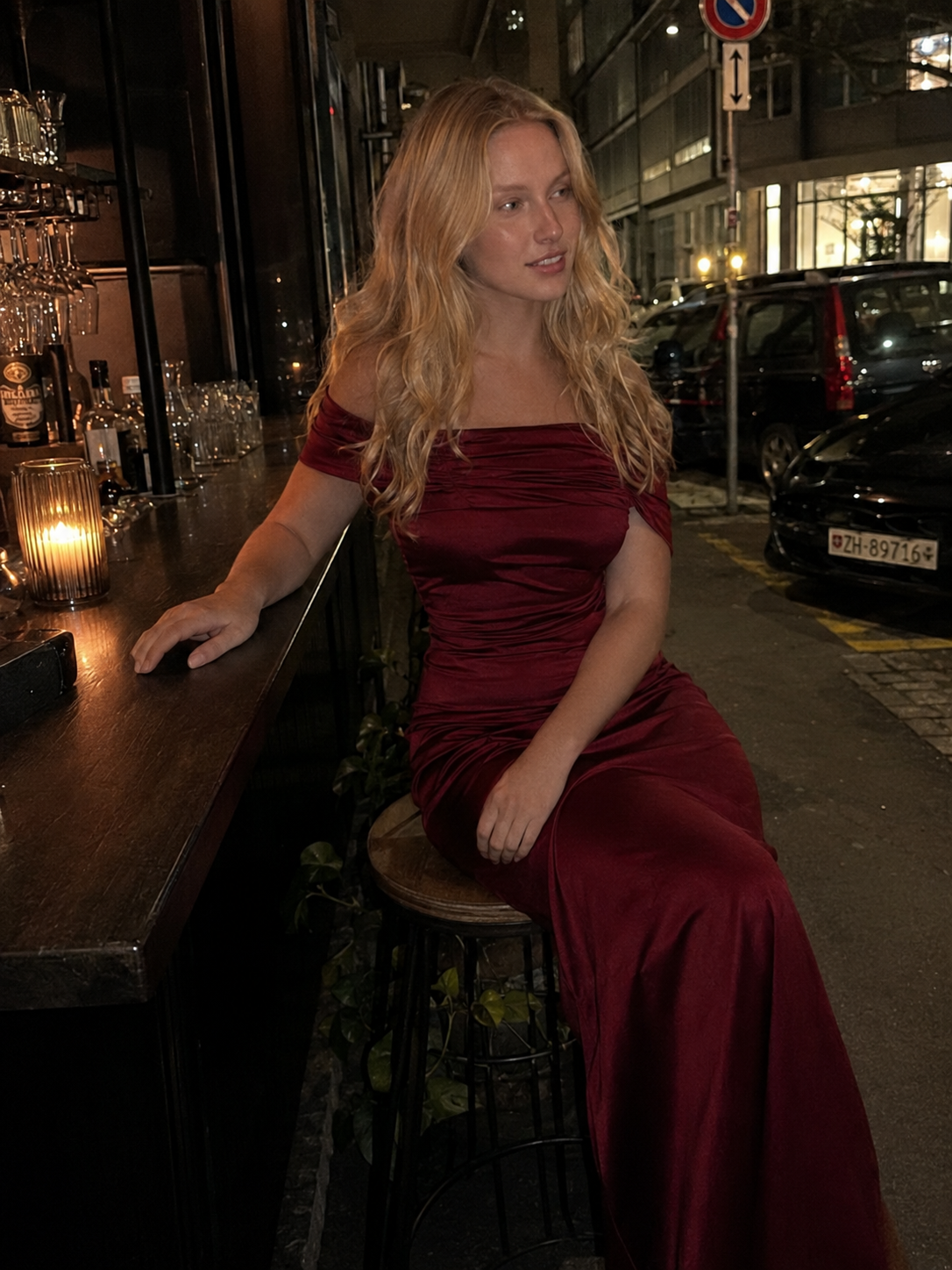 Off Shoulder Ruched Satin Column Mermaid Gown