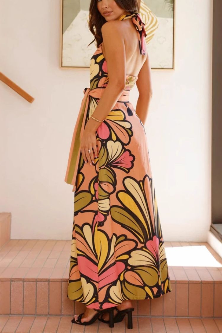 Unique Print Halter Neck Waist Tie Holiday Maxi Dress - Fashionpara