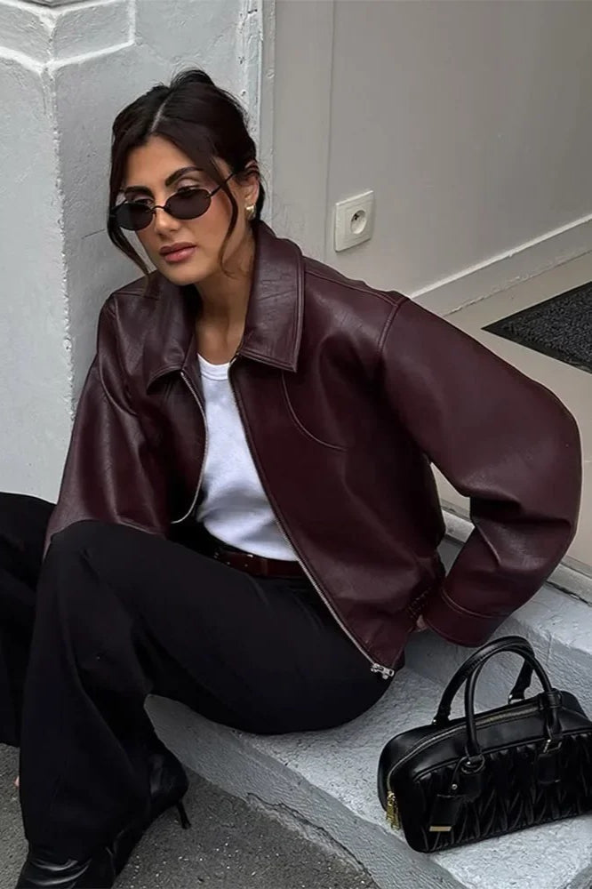 Retro Wine Red PU Leather Short Jacket