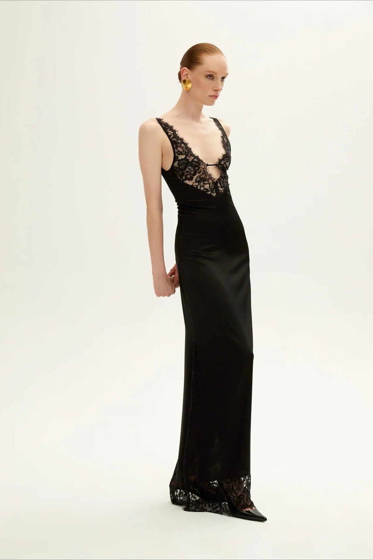 Satin Lace-Trim V-Neck Spaghetti Strap Slip Maxi Dress