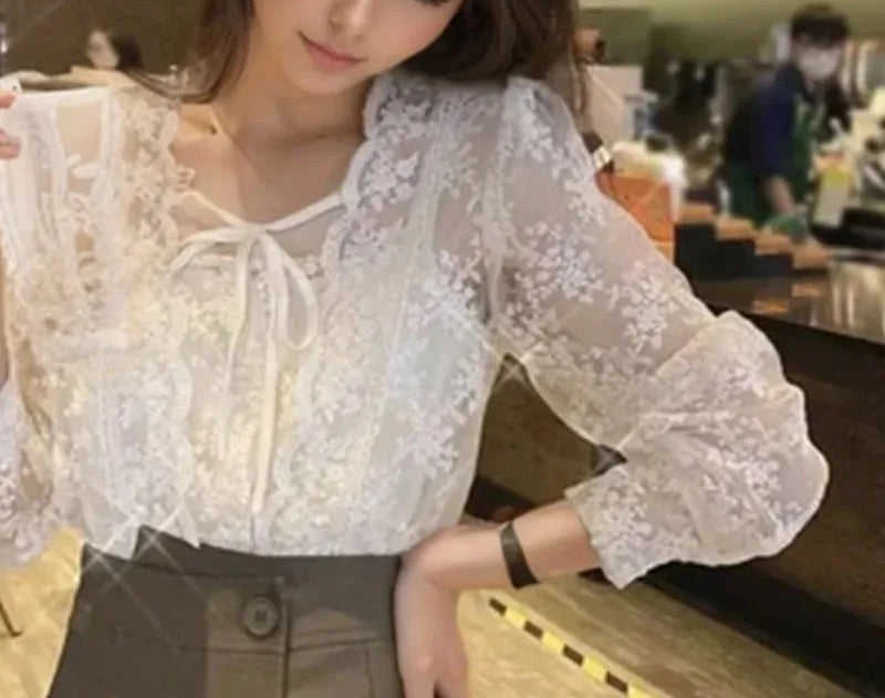 Vintage Lace Puff Long Sleeve Crochet Blouse