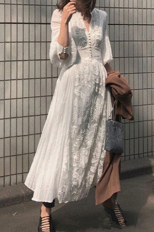 Vintage Lace Panel V-Neck Embroidered Boho Dress - Fashionpara