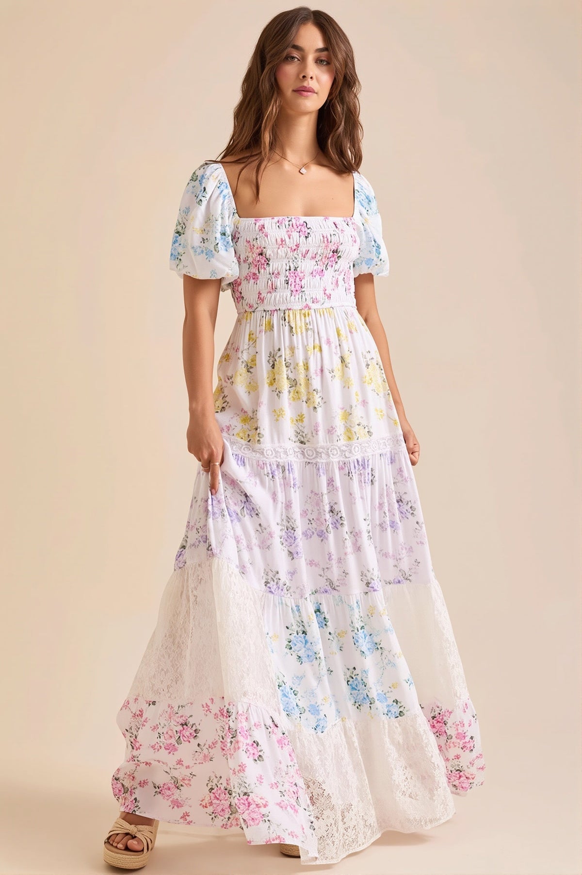 Floral Square Neck Puff Sleeve Tiered Maxi Dress