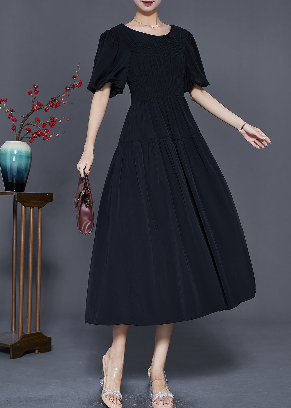 Smocked Bodice Scoop Neck Puff Sleeve Tiered A-Line Maxi Dress - View 3