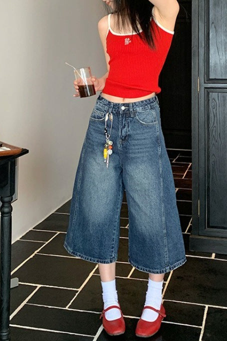 High Waist Vintage Wide Leg Straight Crop Jeans