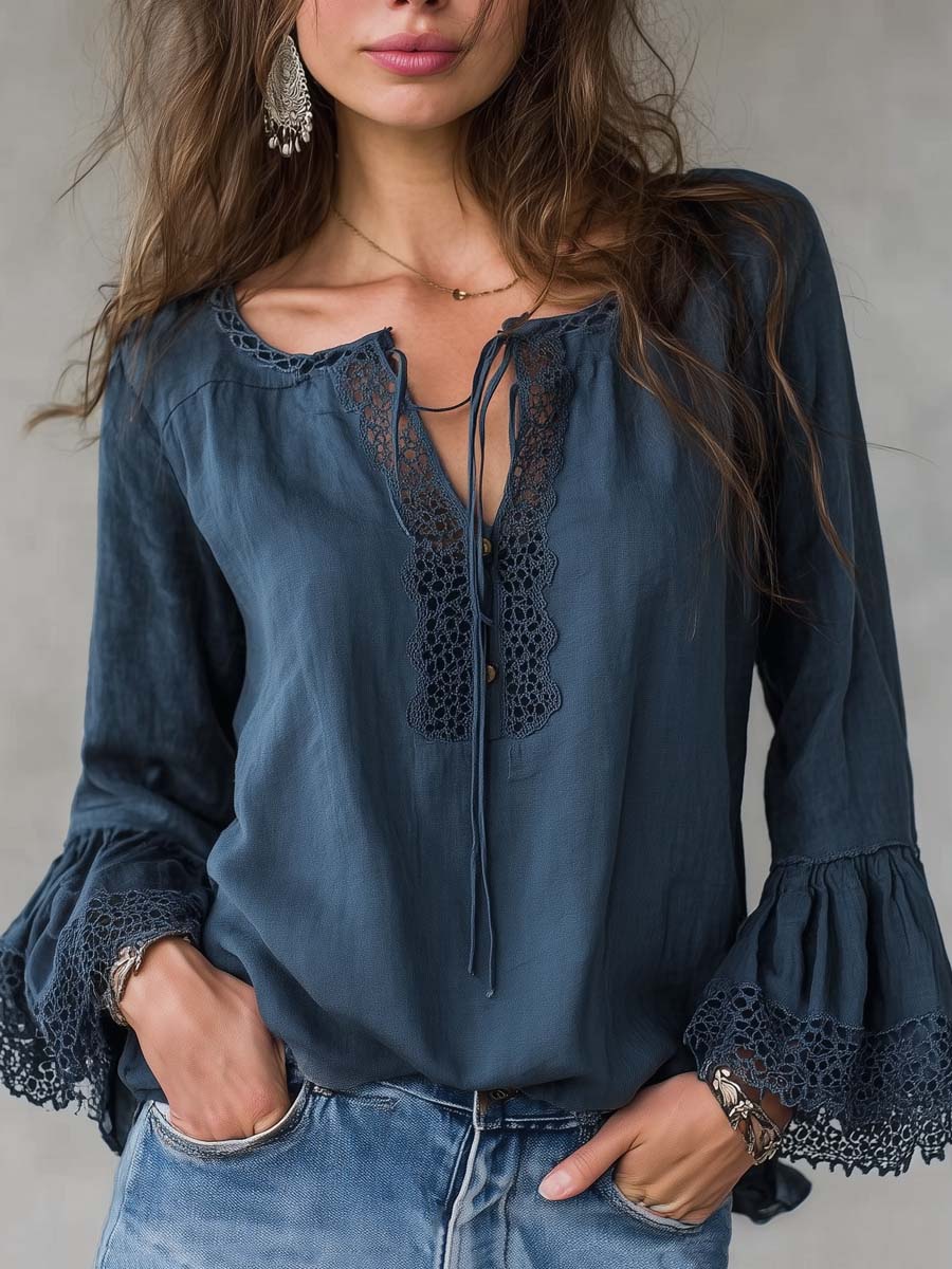 Retro Lace Collar Cotton Linen Blouse