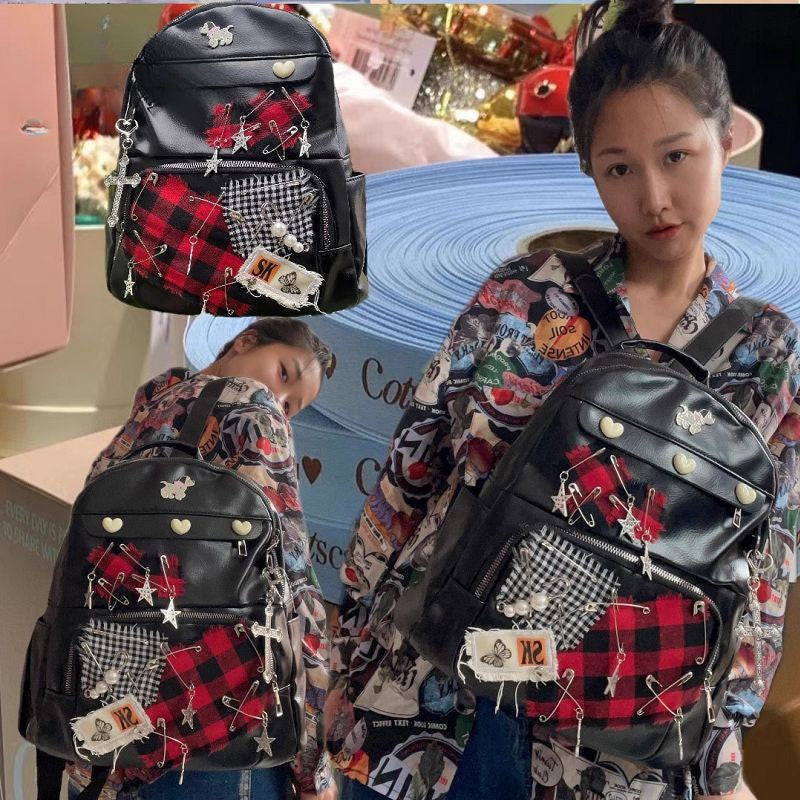Large Capacity Gothic Star Patch Y2K Vintage Harajuku PU Leather Bag - Fashionpara