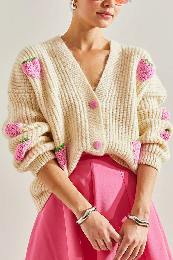 V-neck Strawberry Embellished Knitted Cardigan for Style